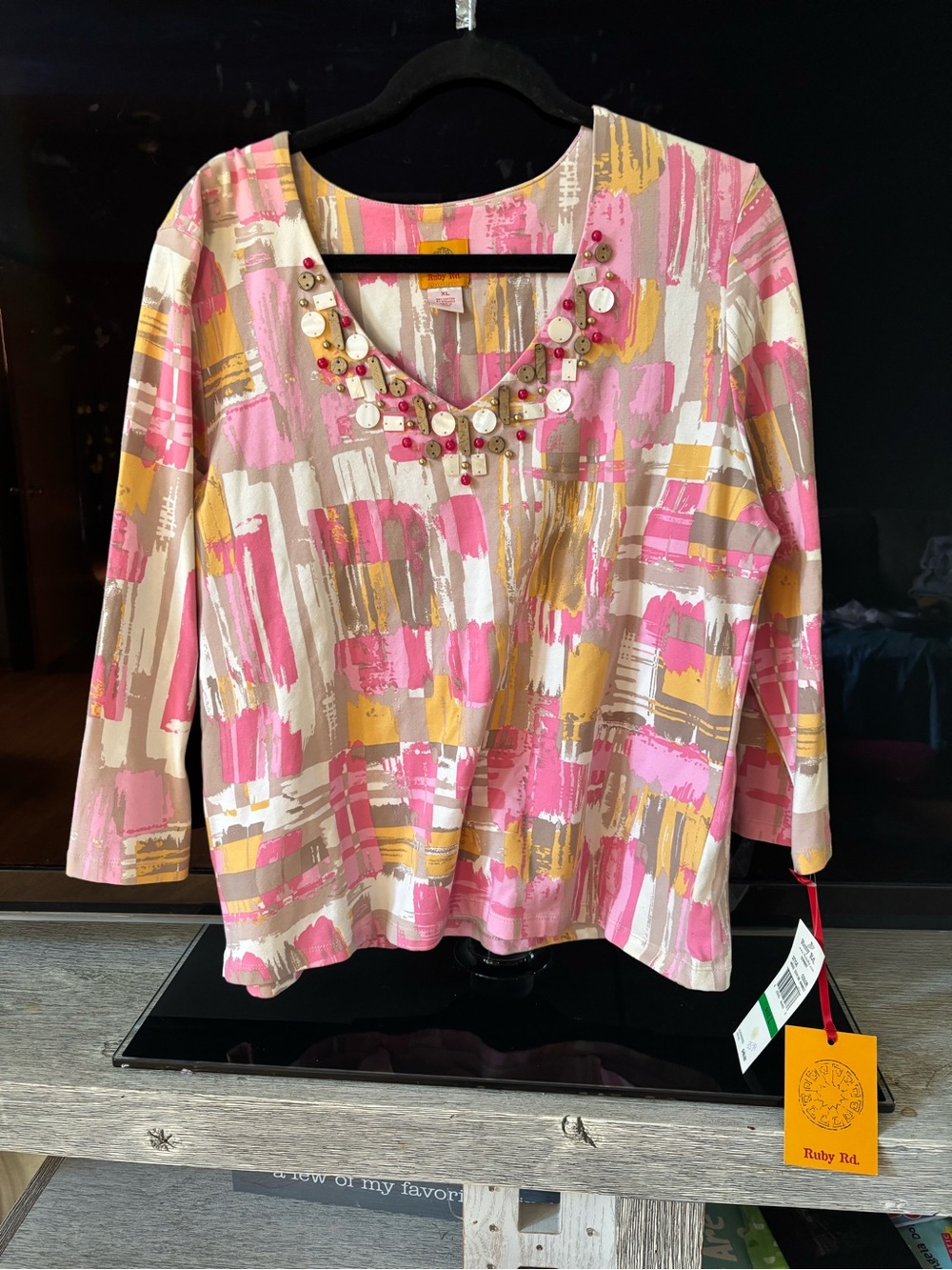 Ruby Rd. Pink and Yellow Abstract Brushstroke Top - Picture 7 of 7
